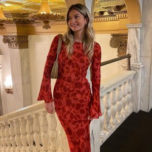 Long Sleeve Rose Printed Maxi Dress