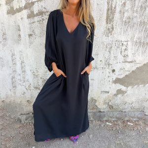 Loose VNeck Solid Color Women'S Lantern Sleeve Dress