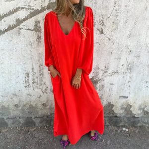 Loose VNeck Solid Color Women'S Lantern Sleeve Dress