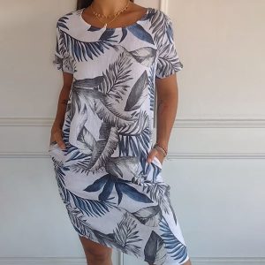 Women'S Cotton & Linen Round Neck Printed Dress