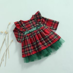 Girls Kids Red Checkered Bow Christmas Dress