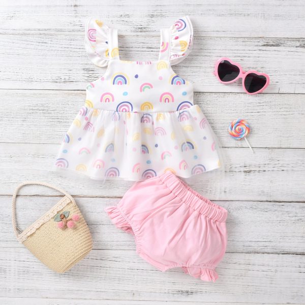 Girls Multicolor Print Sling Dress Two Piece Set