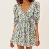 Green Floral Chiffon Dresses Short Sleeve V-Neck Back Lace Up Design Wrap One Piece Dress