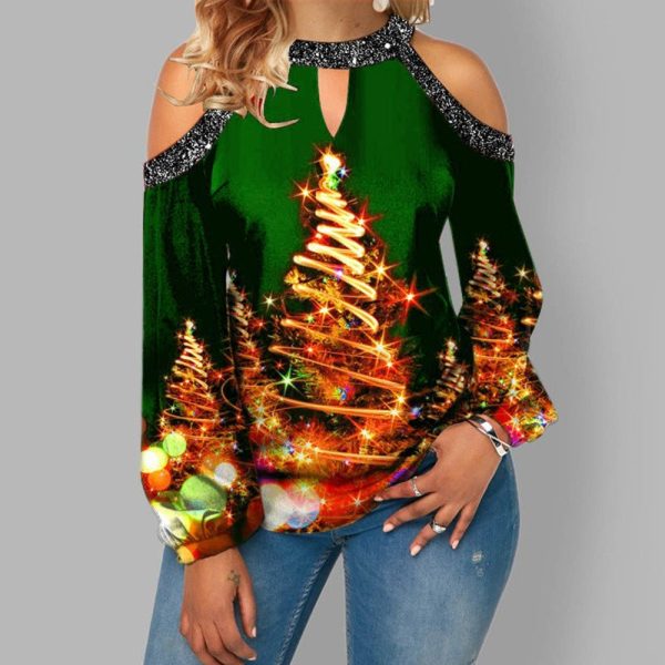 Hanging Neck Button Long Sleeve Hollow Christmas Women'S T-Shirt