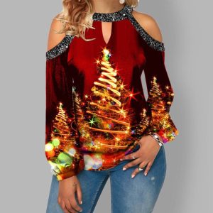 Hanging Neck Button Long Sleeve Hollow Christmas Women'S T-Shirt