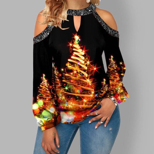 Hanging Neck Button Long Sleeve Hollow Christmas Women'S T-Shirt