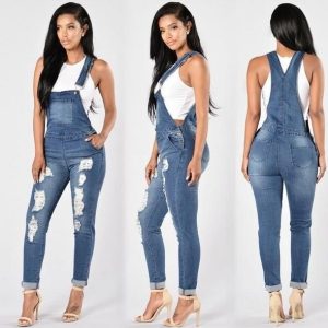 Jeans Hole High Elastic Feet Fashion Denim Strap Pants Overalls