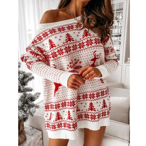 Ladies Christmas Jacquard Loose Knit Long Sleeve Dress