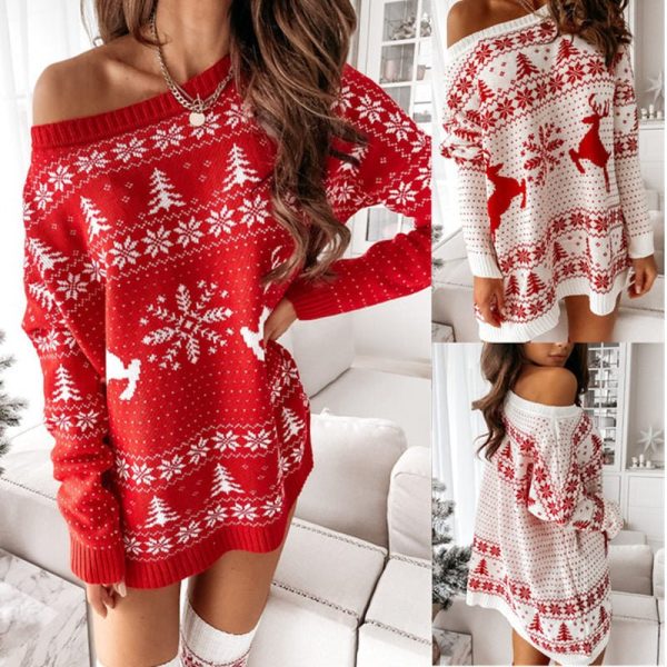 Ladies Christmas Jacquard Loose Knit Long Sleeve Dress