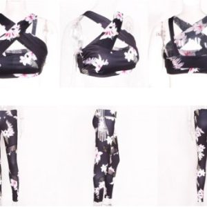 Lily Print Mosaics Net Gauze Trim Yoga Pants Suit