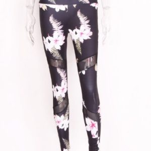 Lily Print Mosaics Net Gauze Trim Yoga Pants Suit