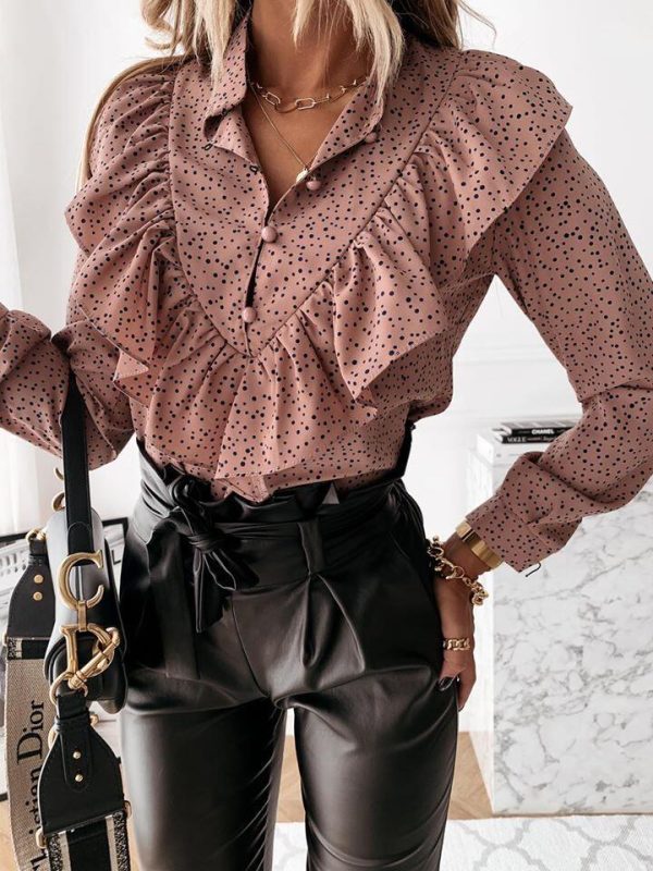 Long-Sleeved Ruffled Temperament Printed Blouse