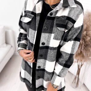 Long-Sleeved Single-Breasted Plaid Print Shirt Collar Woolen Jacket