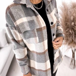 Long-Sleeved Single-Breasted Plaid Print Shirt Collar Woolen Jacket