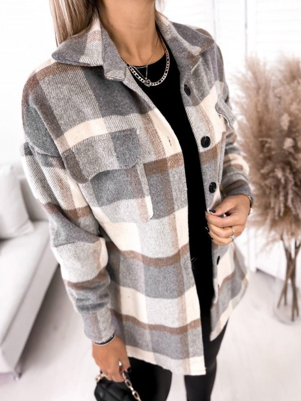 Long-Sleeved Single-Breasted Plaid Print Shirt Collar Woolen Jacket