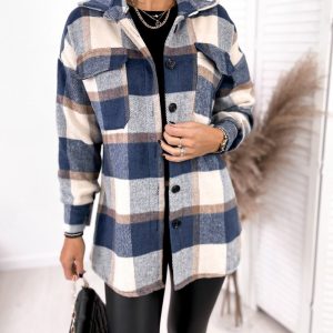 Long-Sleeved Single-Breasted Plaid Print Shirt Collar Woolen Jacket