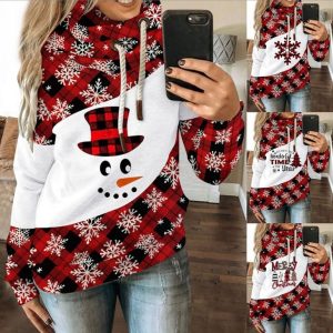 Loose Printed Contrast Color Fleece Hooded Casual Sweater