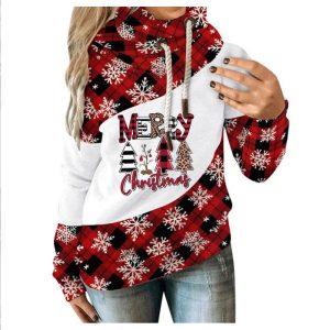 Loose Printed Contrast Color Fleece Hooded Casual Sweater