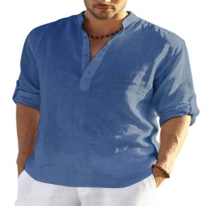 Men'S Casual Cotton Solid Color Long Sleeve Shirt Loose Stand Collar