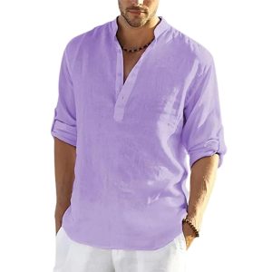 Men'S Casual Cotton Solid Color Long Sleeve Shirt Loose Stand Collar