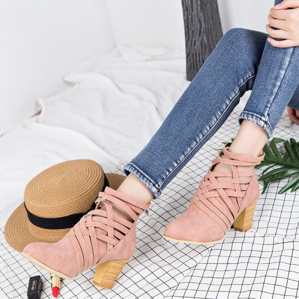 Pointed Thick Heel Hollow Short Boots