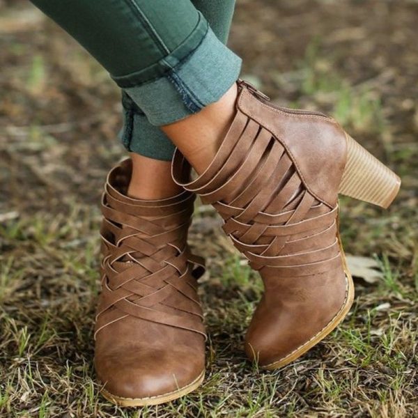 Pointed Thick Heel Hollow Short Boots