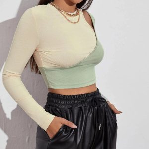 Hit Color Strapless T-Shirt Stitching Slim Top Women Bottoming Long-Sleeved T-Shirt