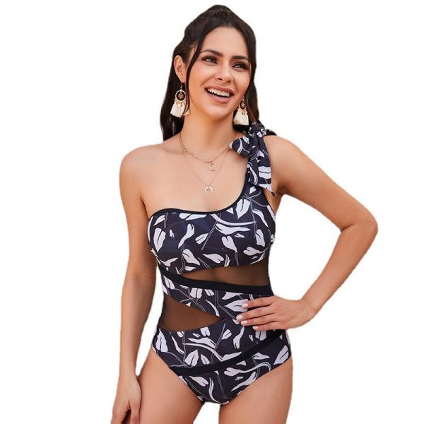 One Shoulder One-Piece Swimsuit Women'S Bow Yarn