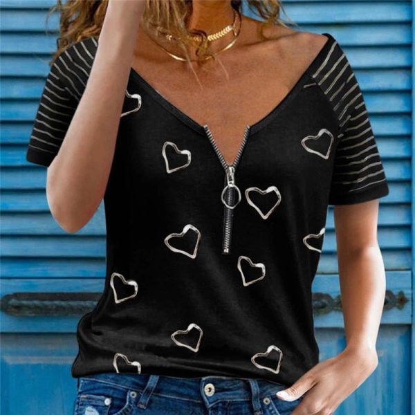 Printed V-Neck Zipper Casual Short-Sleeved Top T-Shirt