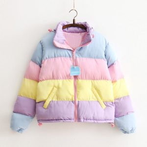 Rainbow Contrast Color Loose Padded Coat Jacket