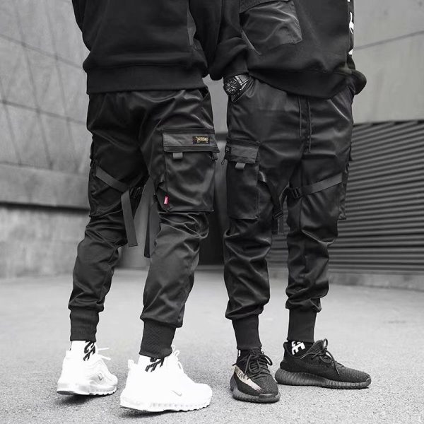 Ribbons Harem Joggers Men Cargo Pants Streetwear Casual Pockets Cotton Track Pants