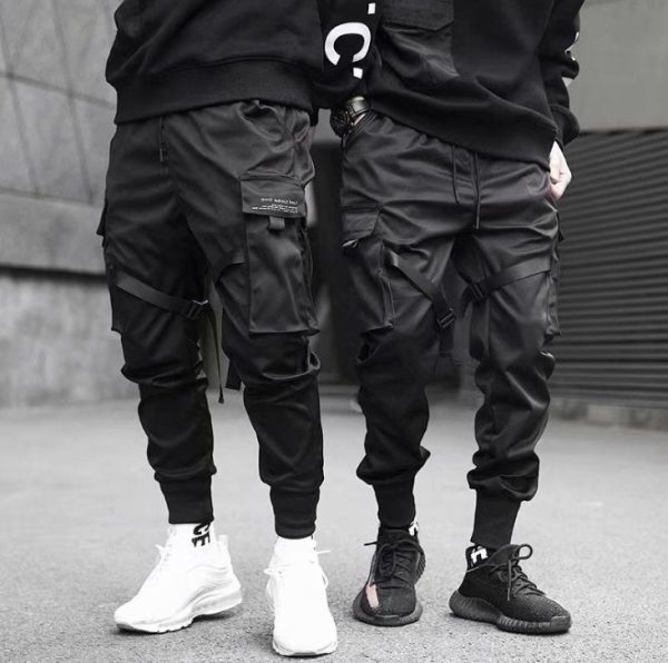 Ribbons Harem Joggers Men Cargo Pants Streetwear Casual Pockets Cotton Track Pants