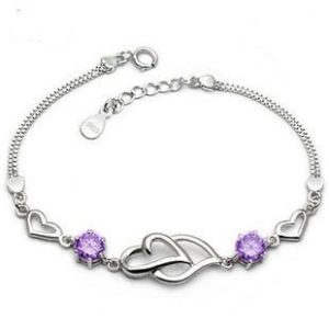 S925 Pure Silver Bracelet Heart-Shaped Amethyst Bracelet, Double Heart Bracelet