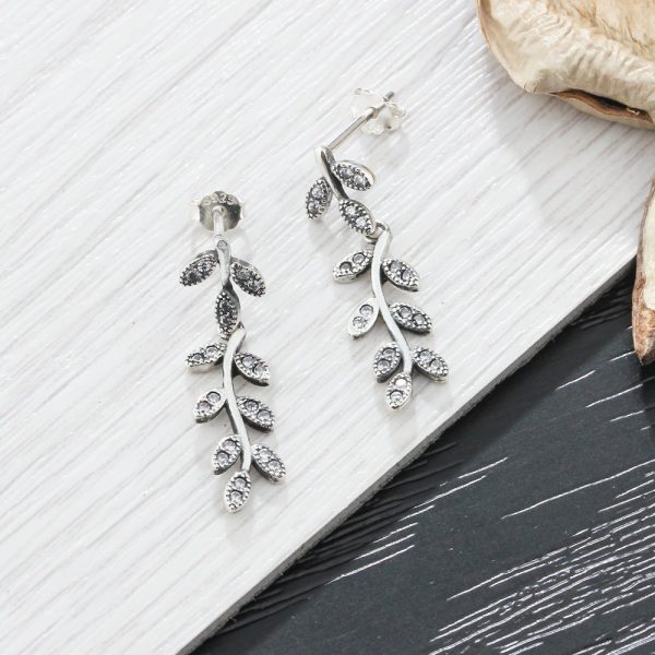 S925 Sterling Silver Jewelry Leaves Retro Old Earrings Diamond Earrings