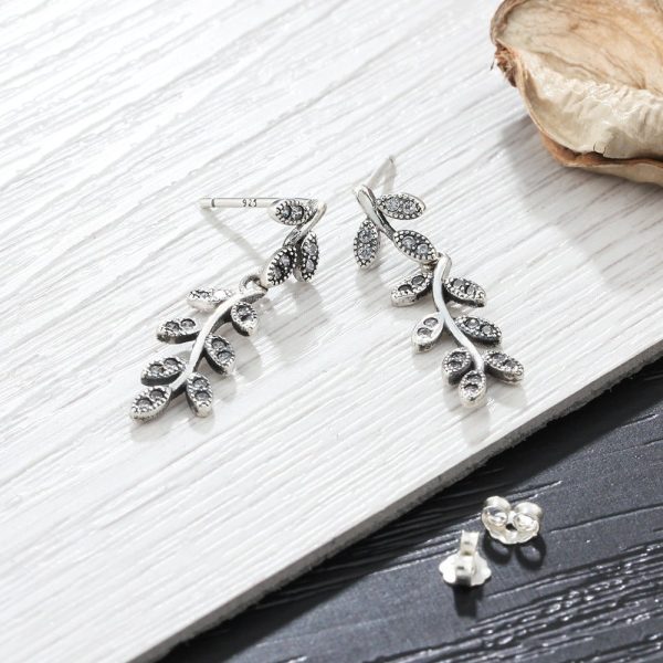 S925 Sterling Silver Jewelry Leaves Retro Old Earrings Diamond Earrings