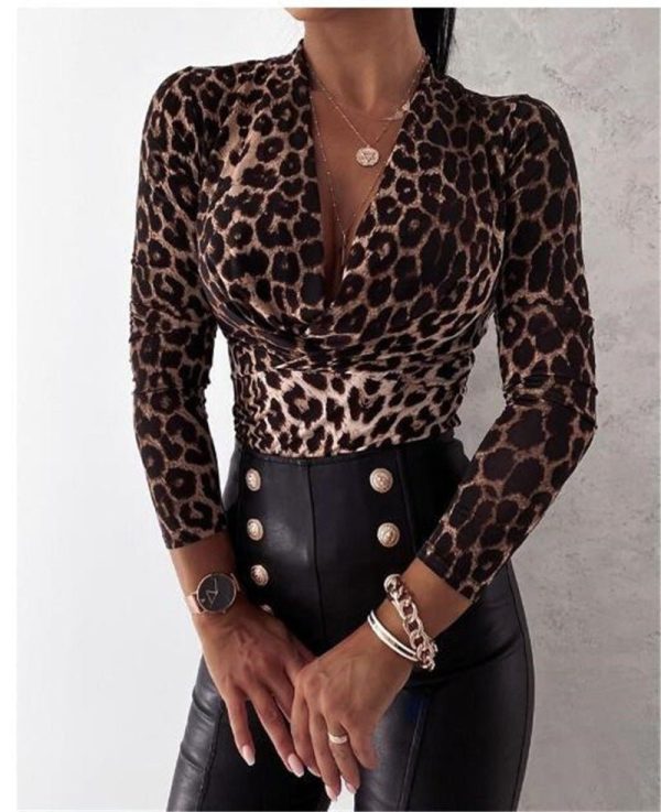 Long Sleeve V-Neck Leopard Print Ladies Blouse