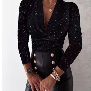 Long Sleeve V-Neck Leopard Print Ladies Blouse