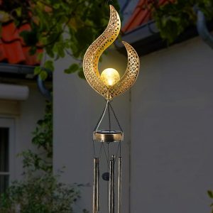 Solar Wrought Iron Wind Chime Lamp Hollow Flame Sun Moon Lamp Garden Flame Suspension