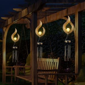 Solar Wrought Iron Wind Chime Lamp Hollow Flame Sun Moon Lamp Garden Flame Suspension