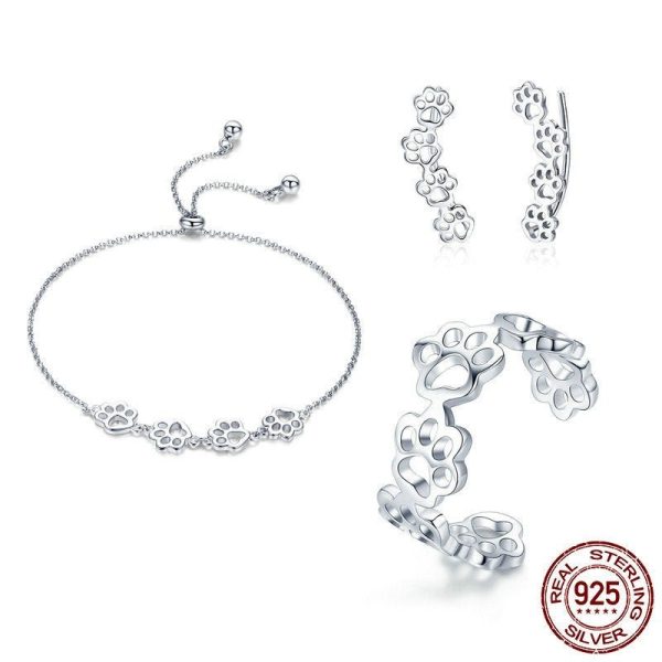 Sterling Silver Cute Pet Paw Print Ring Bracelet Earring