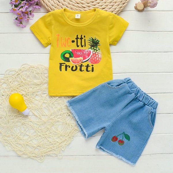 Summer Girls Fruit Print Casual Short-Sleeved T-Shirt Two-Piece Suit