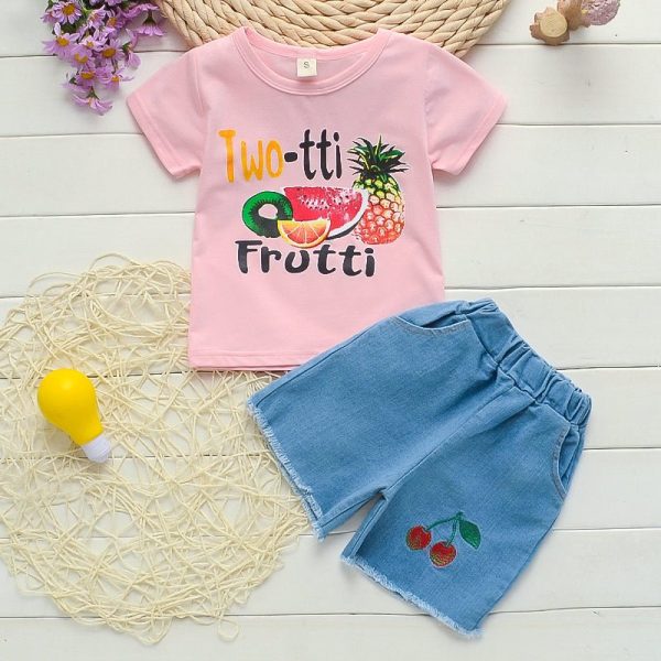 Summer Girls Fruit Print Casual Short-Sleeved T-Shirt Two-Piece Suit